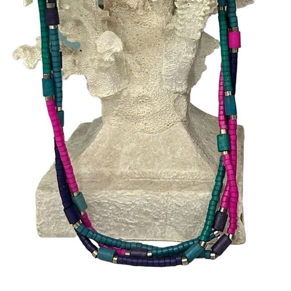 Triple Strand Beaded Necklace Multicolor Disc Beads Colorblock Silver-tone Hook - Picture 5 of 7